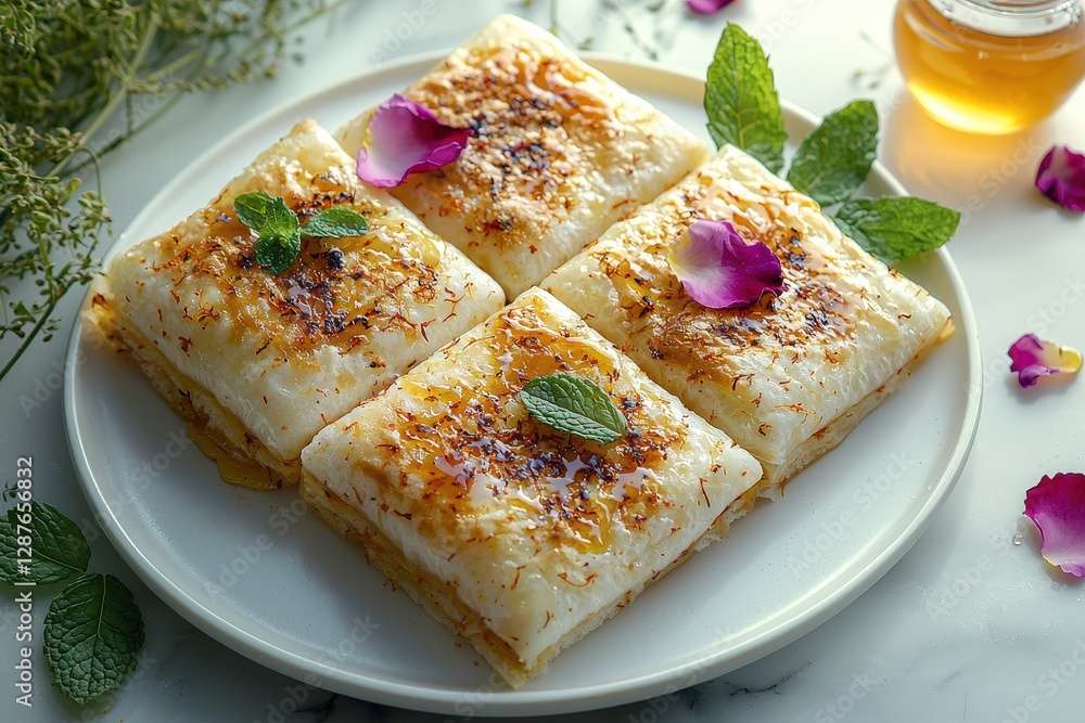 Delicious middle eastern dessert with honey and rose petals Delicious middle eastern dessert with honey and rose petals