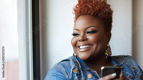 A vibrant and joyful portrait of a stylish Black woman with curly red hair, holding her phone by the window, radiating happiness and positivity.