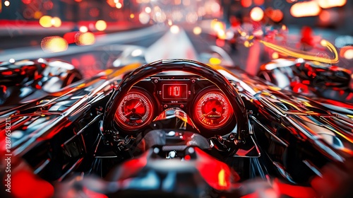 Futuristic race car cockpit at night, speed 10.
