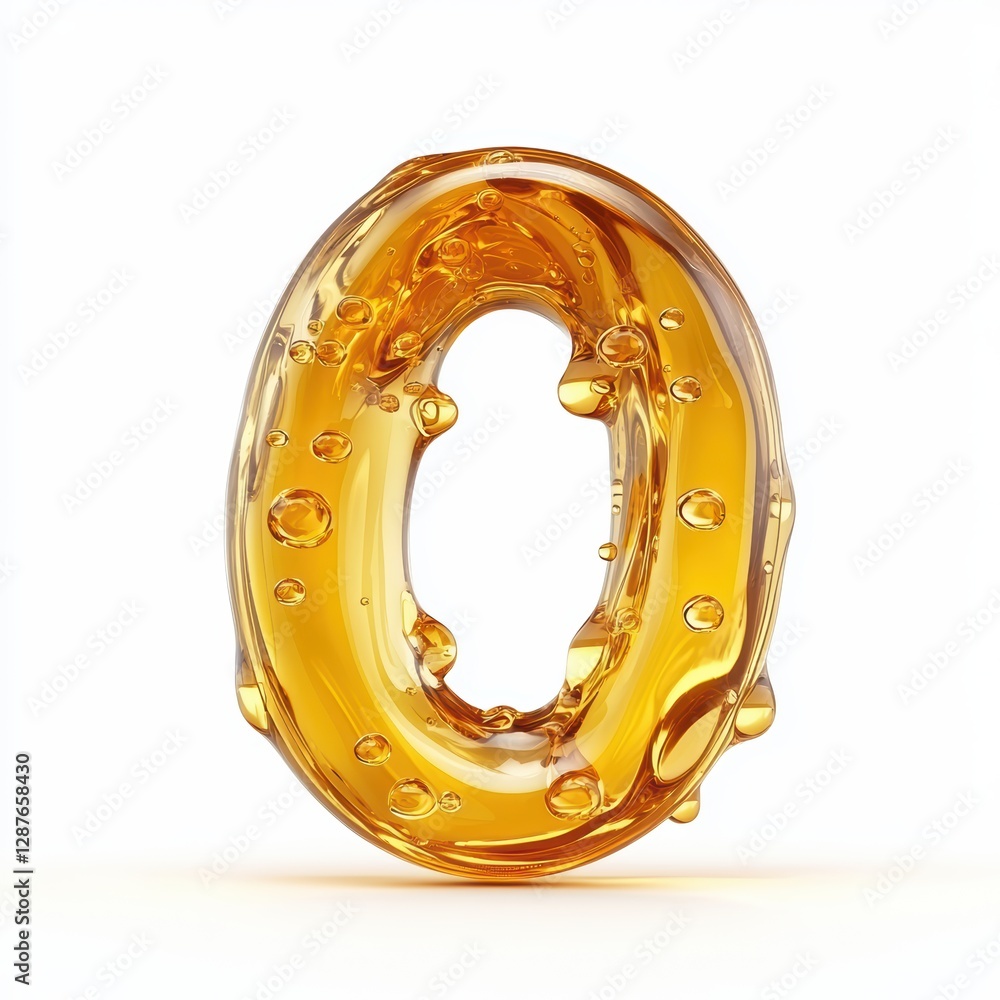 Number 0 made of swirling golden honey with suspended air bubbles isolated on a clean white background Number 0 made of swirling golden honey with suspended air bubbles isolated on a clean white background