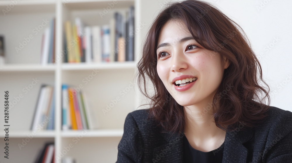 Smiling Asian Businesswoman in a Black Blazer Sitting in a Modern Office with Bookshelf