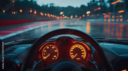 Rainy night race track driving view from inside a car.