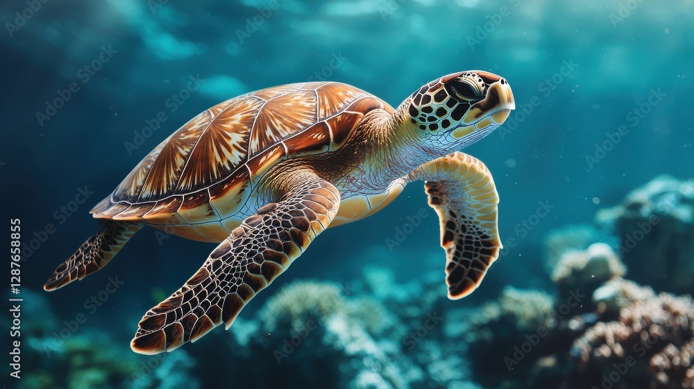 Fototapeta premium A graceful sea turtle gliding through crystal-clear waters of a coral reef.