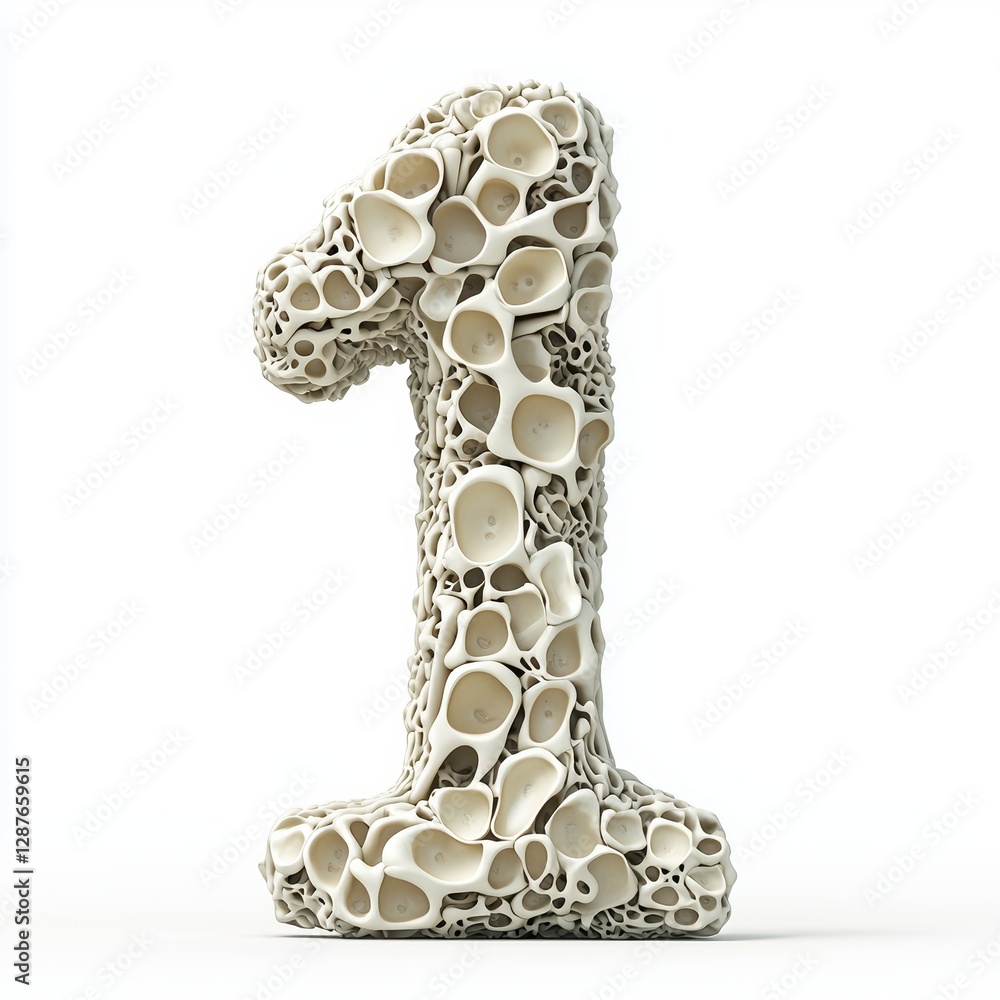 Fototapeta premium Number 1 made of detailed human bones with realistic texture isolated on a clean white background