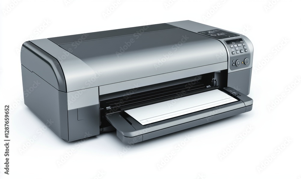 Gray printer printing document on white background, office use Gray printer printing document on white background, office use