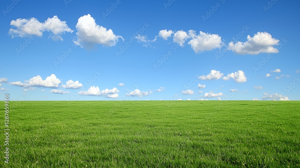 Obraz premium Vibrant Green Field Under a Bright Blue Sky with Fluffy White Clouds