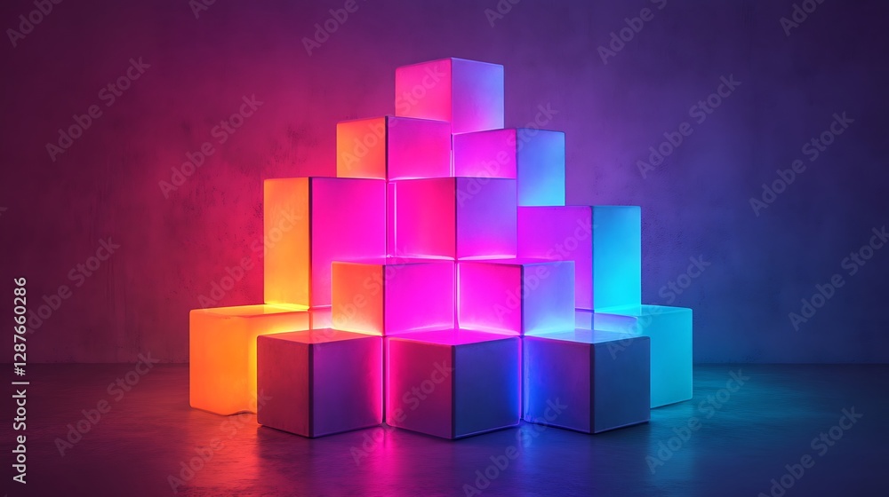A surreal arrangement of glowing 3D cubes, stacked and interconnected to form financial data visuals, radiant neon gradients, dark futuristic background enhancing the light, A surreal arrangement of glowing 3D cubes, stacked and interconnected to form financial data visuals, radiant neon gradients, dark futuristic background enhancing the light,