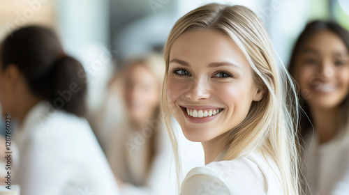 A blonde woman in white attire smiling radiantly while surrounded by colleagues in a well-lit office space, showcasing workplace happiness, collaboration, and professional engagement.