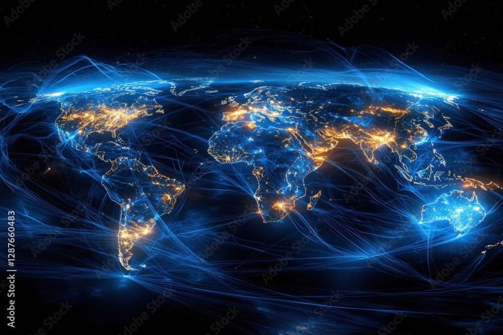 Illuminated world map with network connections depicting global communication Illuminated world map with network connections depicting global communication