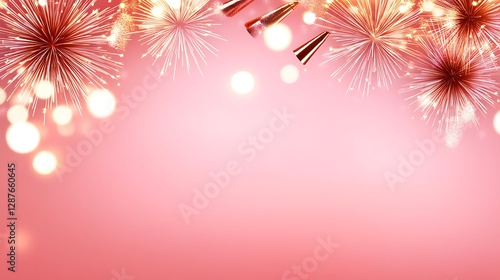 Festive Celebrations with Colorful Fireworks and Bright Bokeh Effects on a Soft Pink Background