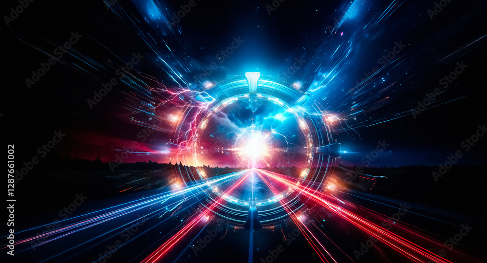 Fototapeta premium A dramatic night scene unfolds with vibrant red and blue lightning illuminating a dark sky above a road. Streaks of red and blue light trails streak across the asphalt, creating a sense of dynamic mot