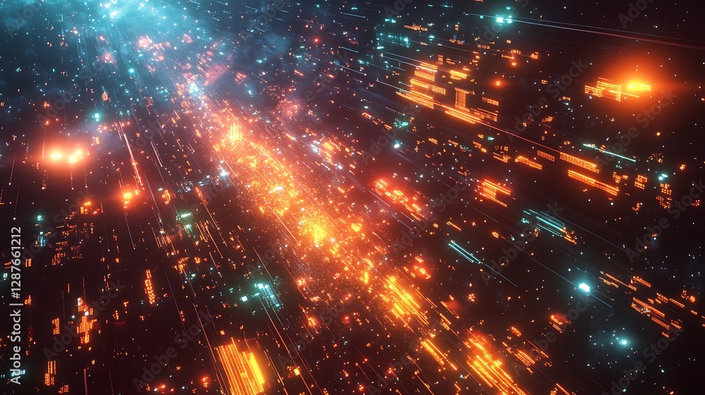 Fototapeta premium A surreal depiction of trade networks visualized through glowing stars and constellations, bright neon lines forming intricate patterns in a galactic setting, vibrant cosmic colors,