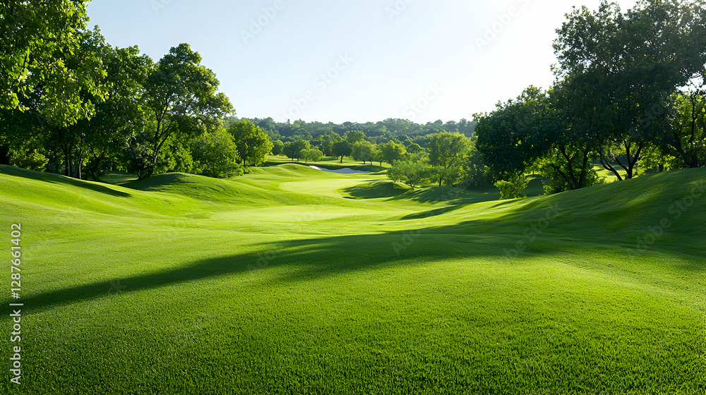 Obraz premium Sunny golf course fairway, lush green landscape, trees, background hills, ideal for travel brochures