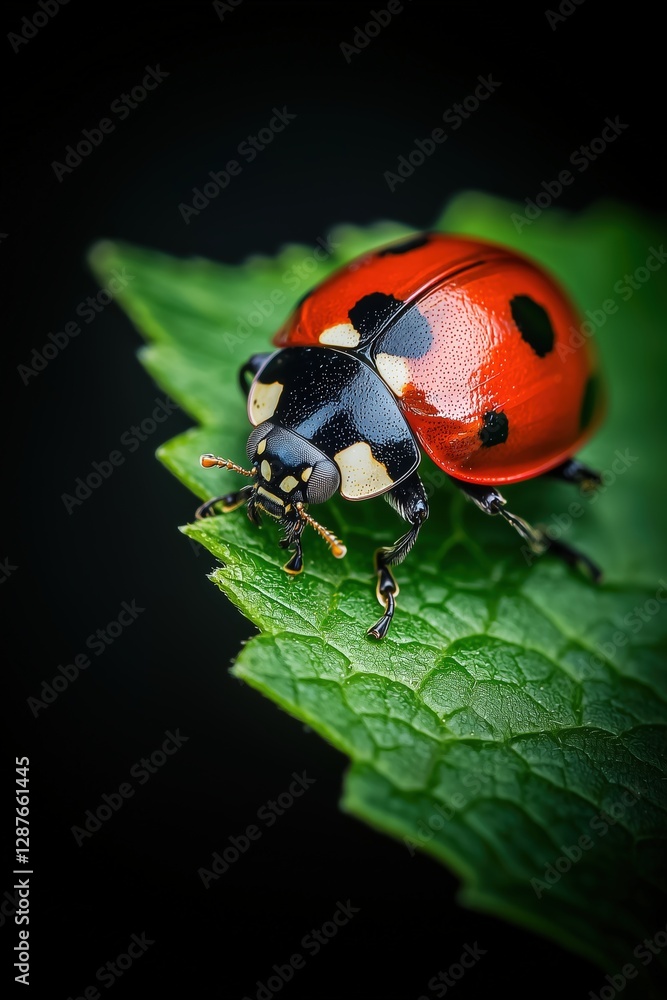 Fototapeta premium Close-up of a ladybug on a leaf with a dark background