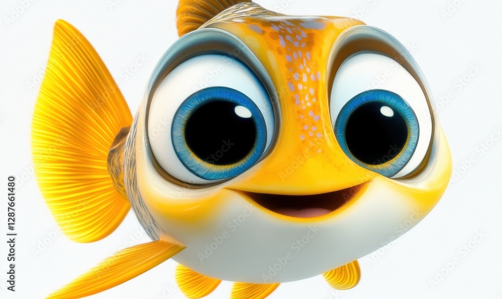 Fototapeta premium Cute cartoon fish with big eyes smiles on white background, ideal for kids' projects