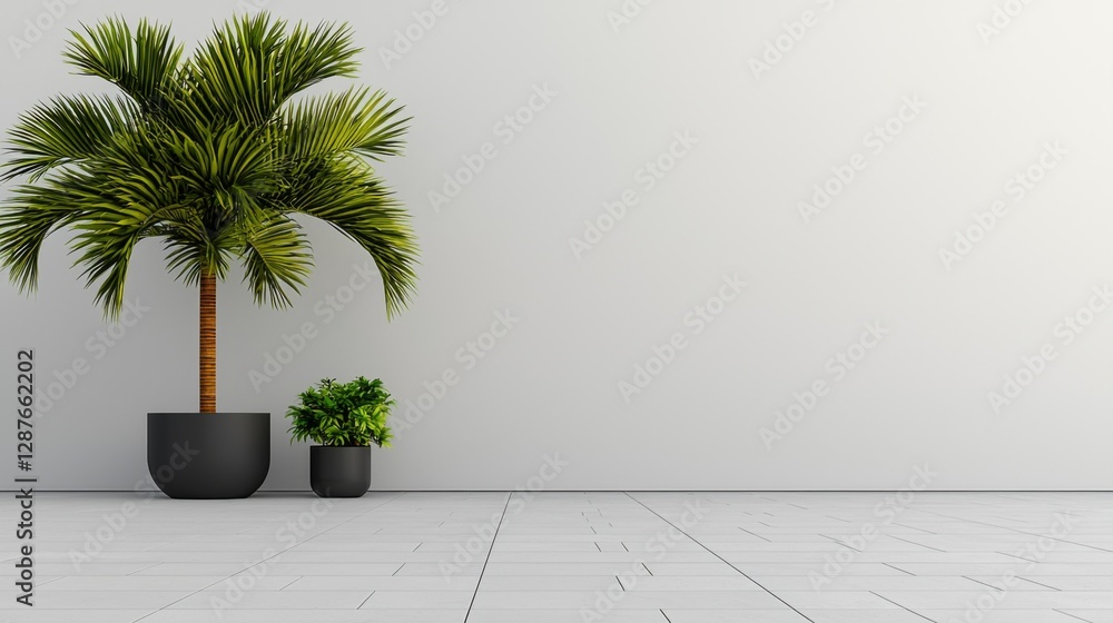 Fototapeta premium Indoor modern decor featuring potted palm and small green plant against a minimalist wall backdrop