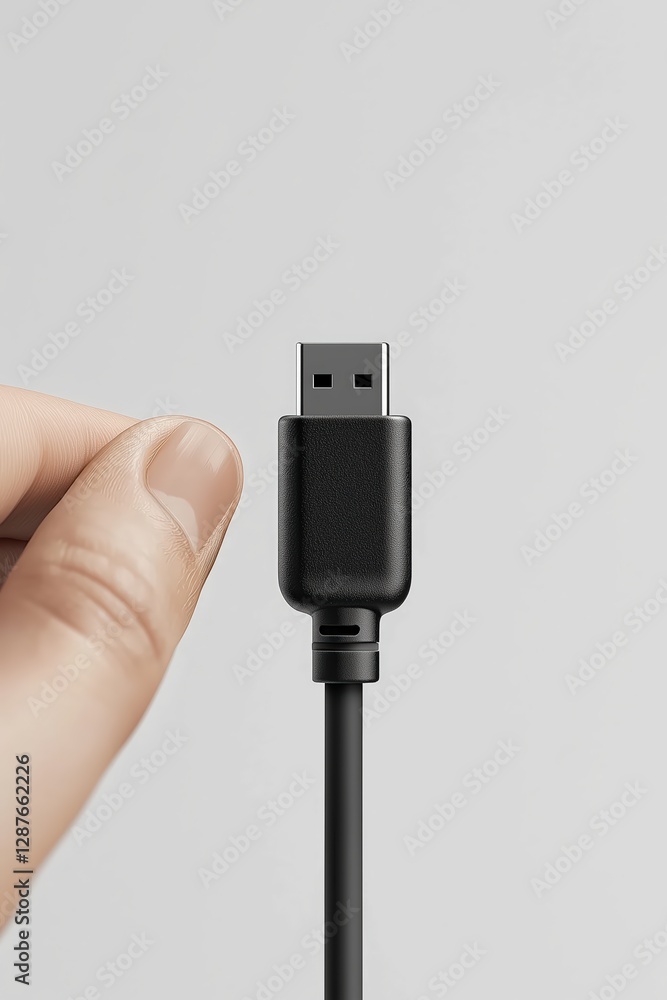 Close-up of a hand holding a black usb cable connector against a gray background Close-up of a hand holding a black usb cable connector against a gray background