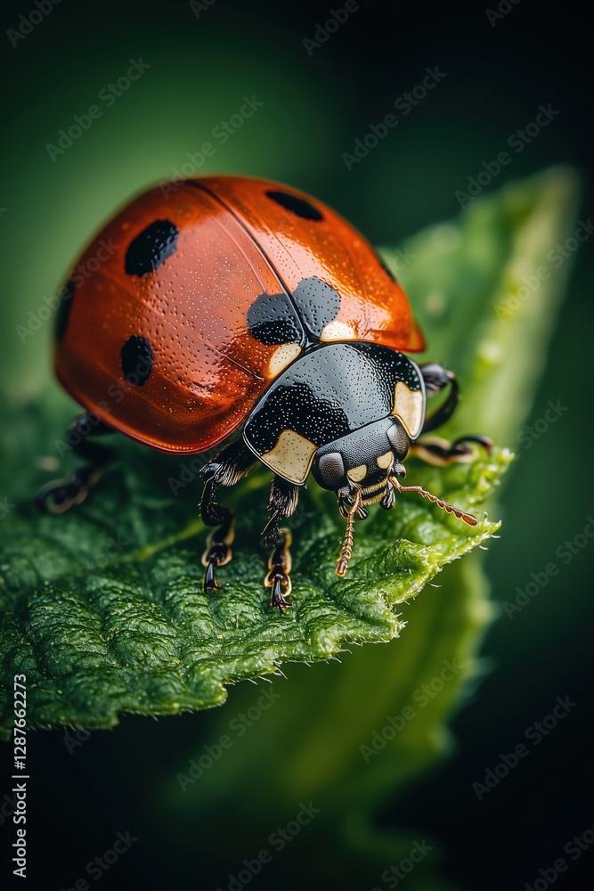 Fototapeta premium Close-up of a vibrant red ladybug with black spots perched on a green leaf
