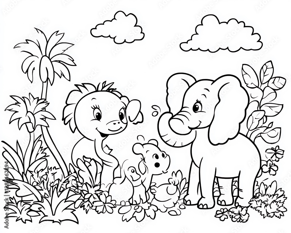 Dino and Elephant Jungle Coloring Dino and Elephant Jungle Coloring