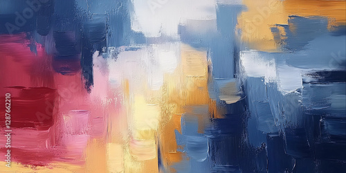 Abstract oil painting with thick brush strokes, soft pastel colors, pink and yellow accents, minimalist style, creating a beautiful and serene atmosphere