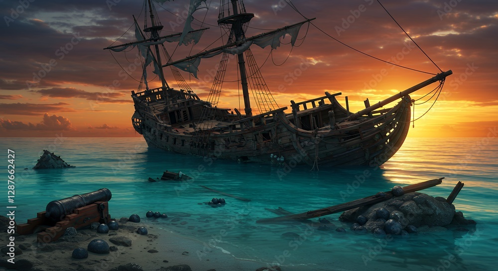 Naklejka premium Decaying pirate ship rests near a tranquil tropical island shore