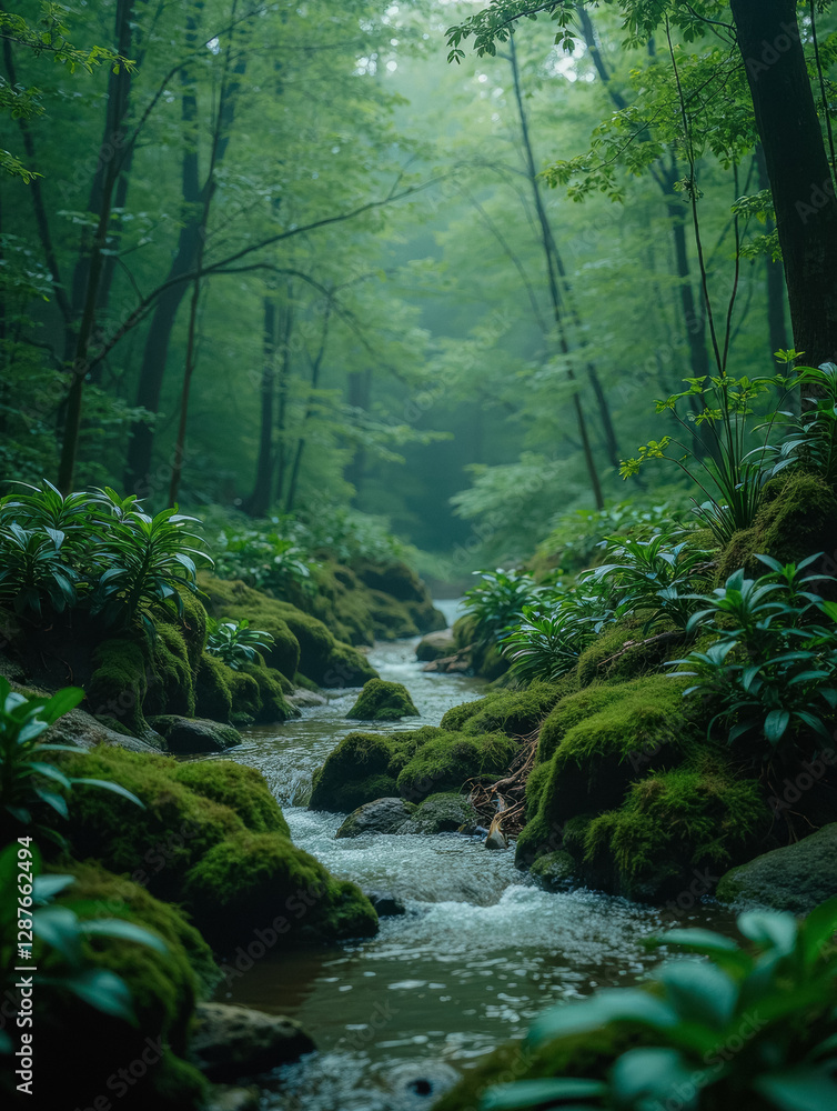 Serene forest stream in lush green woodland landscape, nature relaxation scenery Serene forest stream in lush green woodland landscape, nature relaxation scenery
