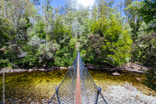 Frenchmans Cap Suspended Bridge in Franklin-Gordon Wild Rivers National Park on a hot summer's day photo