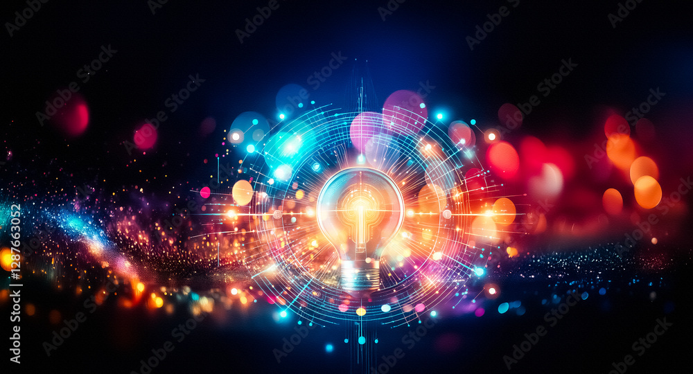 Obraz premium Abstract background featuring vibrant bokeh lights in diverse colors. Glowing orbs create a festive and sparkling effect against a dark backdrop.