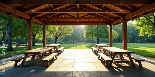 Tranquil park pavilion with wooden picnic tables, bathed in morning sunlight, offering a serene outdoor setting for relaxation and social gatherings.