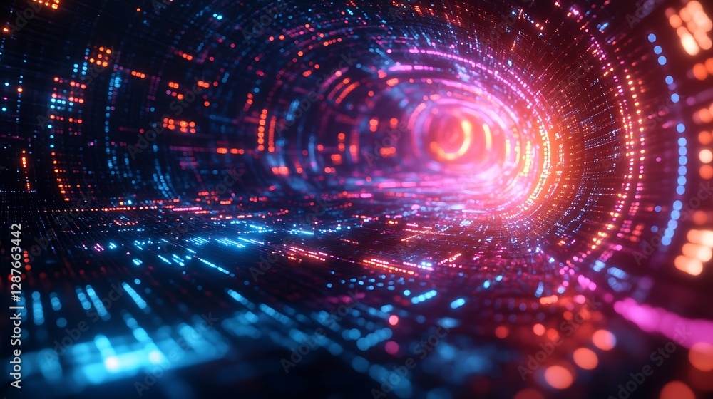 Fototapeta premium Abstract color gradient vortex glowing brightly, swirling curves and dynamic spirals visualizing financial data, vibrant neon hues blending smoothly, dark futuristic background with cinematic depth,