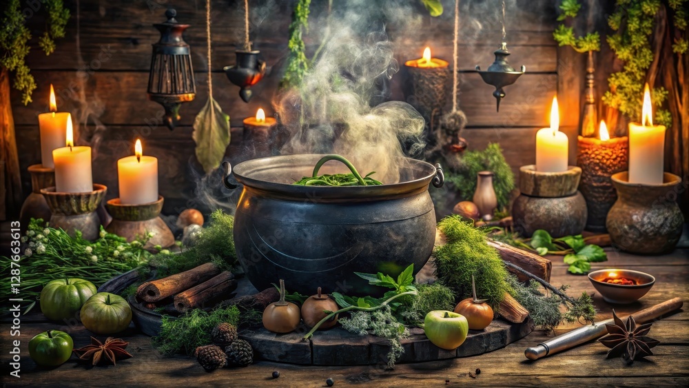 A witch's cauldron filled with a murky, swirling liquid surrounded by candles A witch's cauldron filled with a murky, swirling liquid surrounded by candles