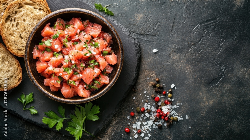 A top-down view of salmon tartar and rustic brown bread, set against a dark stone surface with copy space for text. A top-down view of salmon tartar and rustic brown bread, set against a dark stone surface with copy space for text.