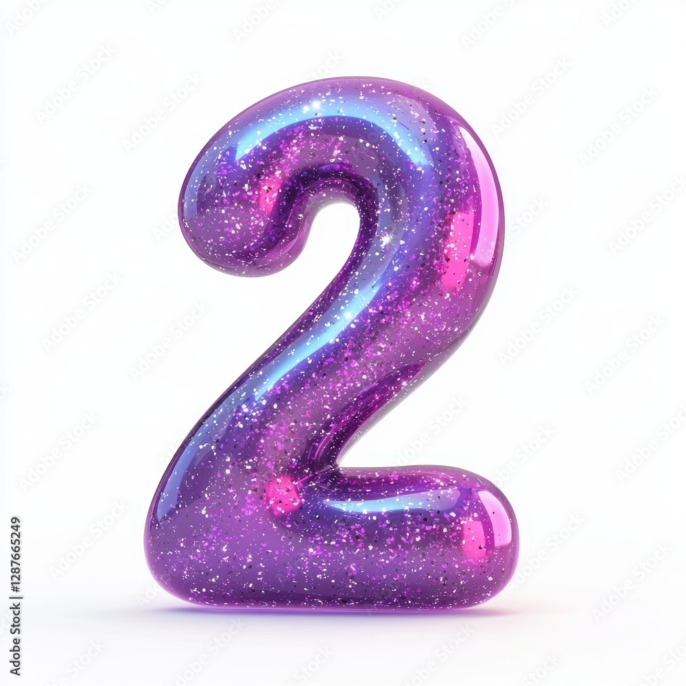 Naklejka premium Number 2 made of glossy purple slime with holographic glitter particles suspended inside isolated on a clean white background