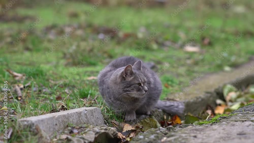 Gray homeless cat eats grass in the park on an autumn day Gray homeless cat eats grass in the park on an autumn day