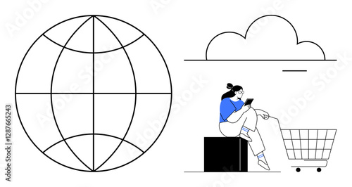 Large globe, woman with smartphone, shopping cart, cloud. Ideal for e-commerce, connectivity, global reach, online shopping digital marketplaces cloud services consumer technology. Simple modern