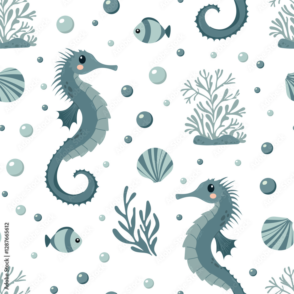 Fototapeta premium Sea seamless pattern with seahorse, fish, seaweed, seashell flat style. Ocean digital paper. Nautical underwater scrapbooking, background, print. Hand drawn vector