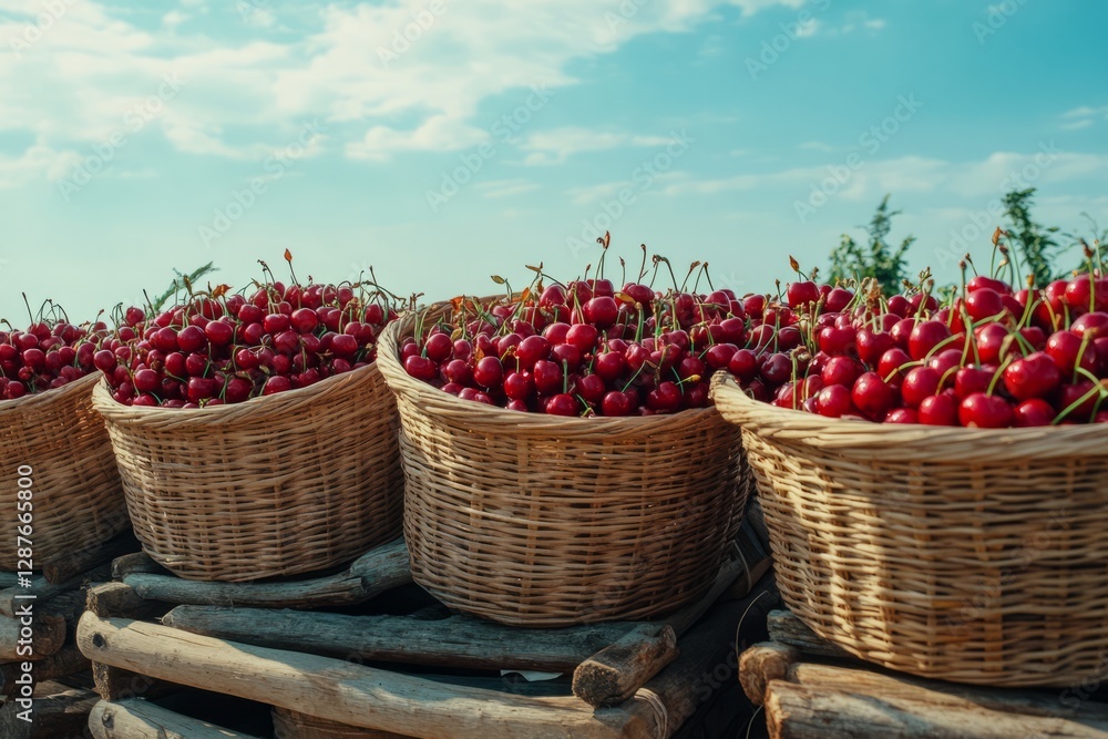Harvest of red ripe cherries collected in baskets standing on wooden table, agribusiness concept, organic healthy food and non-GMO fruits Harvest of red ripe cherries collected in baskets standing on wooden table, agribusiness concept, organic healthy food and non-GMO fruits