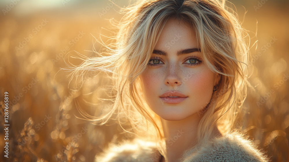 Golden hour beauty, a young woman with windswept blonde hair and freckles, bathed in warm sunlight amidst a field of swaying golden wheat, showcasing a serene and captivating portrait. Golden hour beauty, a young woman with windswept blonde hair and freckles, bathed in warm sunlight amidst a field of swaying golden wheat, showcasing a serene and captivating portrait.