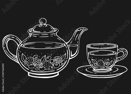 Tea set with healthy green tea, berries. Teapot and cup. Hand drawn vector illustration in outline style.