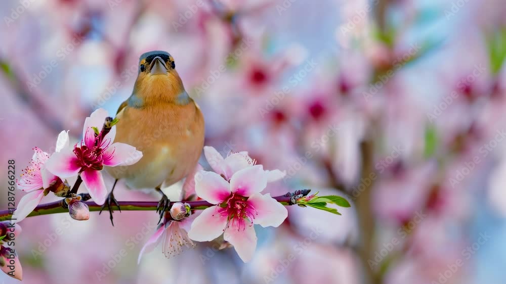 A delicate songbird perches on a blooming cherry blossom branch, surrounded by soft pink flowers in a dreamy, pastel-toned setting. A delicate songbird perches on a blooming cherry blossom branch, surrounded by soft pink flowers in a dreamy, pastel-toned setting.