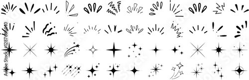 Doodle line sparkle vector set, hand drawn shining stars, comic burst elements, and decorative glowing sparkling star highlight. Cartoon explosion, dynamic light flash, twinkle star, firework effect