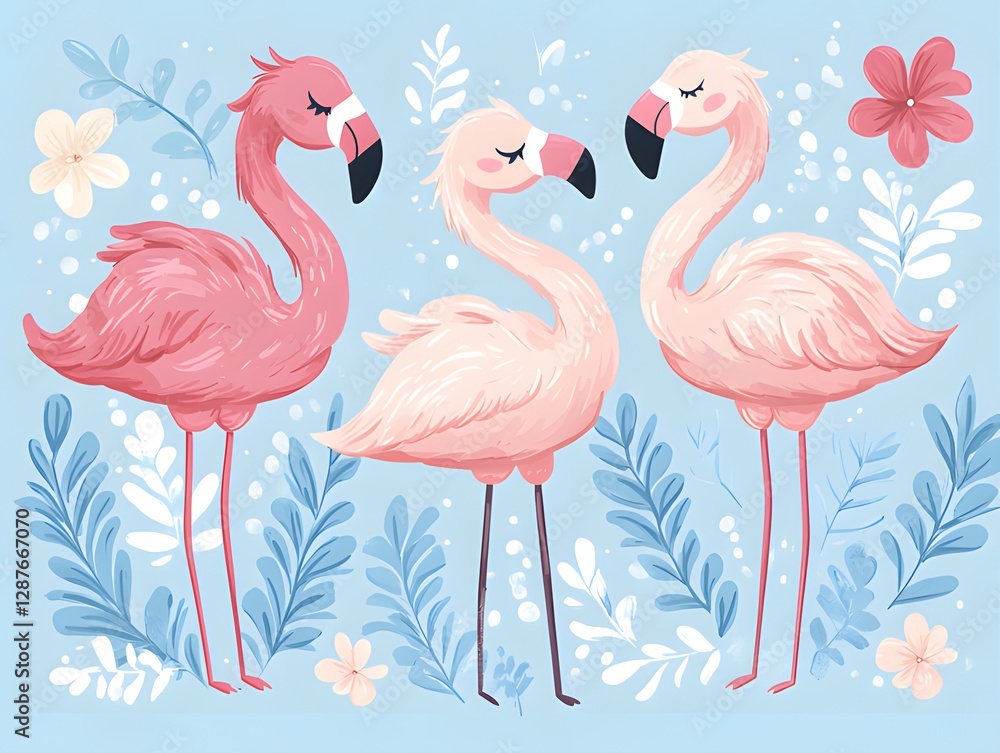 Obraz premium A cute, cartoon-style flamingo with pastel pink. The flamingo should have big, friendly eyes and a small smile. Rounded lines and a light, cheerful vibe with a touch of whimsy, perfect for a fun and a