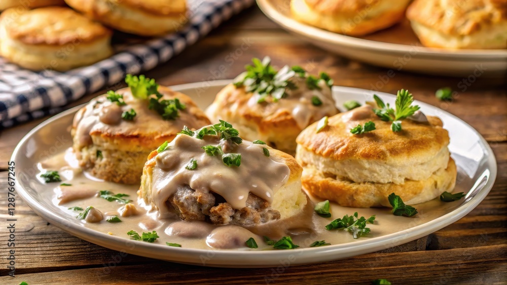 Flaky buttery biscuits topped with a rich savory gravy made from sausage and simmered in a flavorful broth, meat gravy, savory sausage gravy Flaky buttery biscuits topped with a rich savory gravy made from sausage and simmered in a flavorful broth, meat gravy, savory sausage gravy
