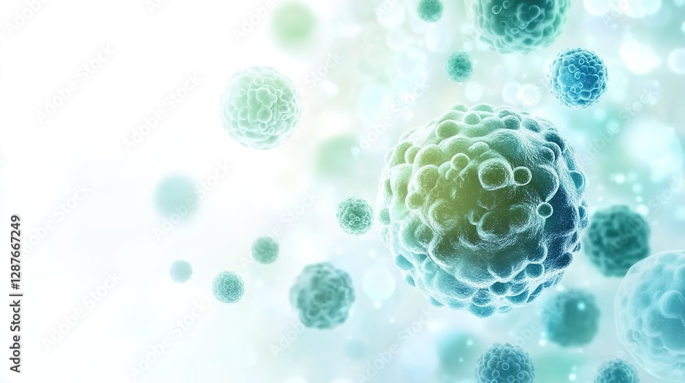 A white background with light blue and green cell-like images floating in the air, representing cells or microscopic organisms. A white background with light blue and green cell-like images floating in the air, representing cells or microscopic organisms.