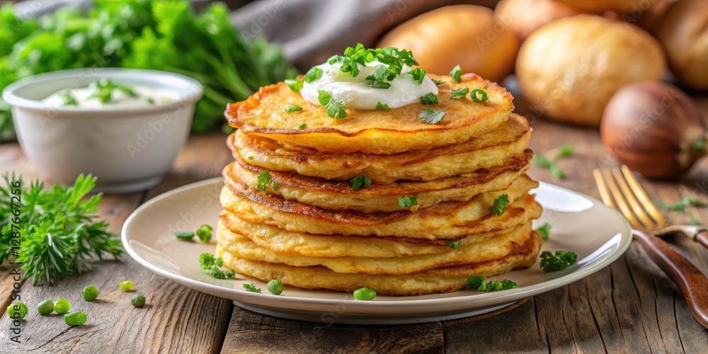 Crispy, golden-brown potato pancakes stacked high on a plate, surrounded by fresh herbs and served with a side of sour cream and chives , traditional polish potato pancakes, crispy potatoes Crispy, golden-brown potato pancakes stacked high on a plate, surrounded by fresh herbs and served with a side of sour cream and chives , traditional polish potato pancakes, crispy potatoes
