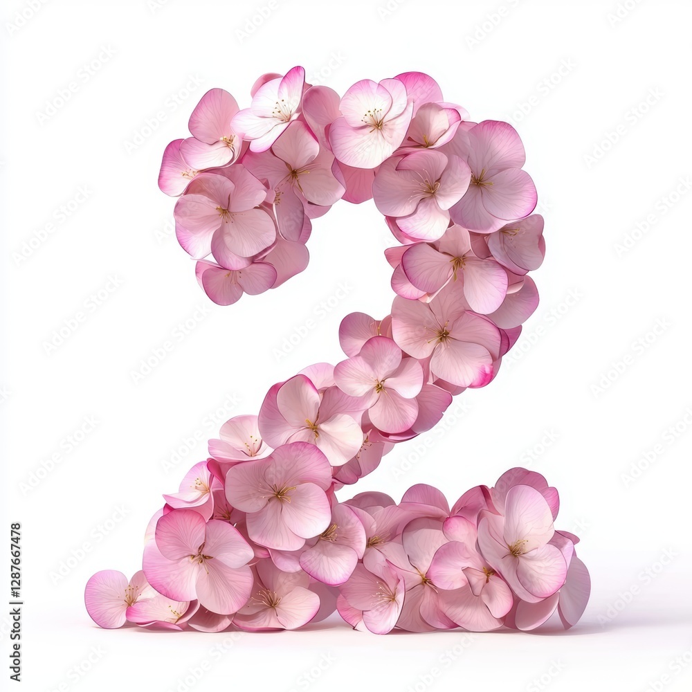 Number 2 made of soft pink cherry blossom petals with gentle curves and subtle highlights isolated on a clean white background Number 2 made of soft pink cherry blossom petals with gentle curves and subtle highlights isolated on a clean white background