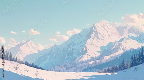Wallpaper Mural 56.A vibrant flat vector banner featuring a snowy mountain range under a pale blue sky, with layers of white snowdrifts and scattered evergreen trees in the foreground. The design is framed with soft Torontodigital.ca