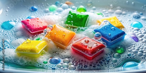 Brightly colored detergent packets suspended in a bathtub filled with sudsy water, overflowing over the edges, cleaning supplies , bubble bath photo