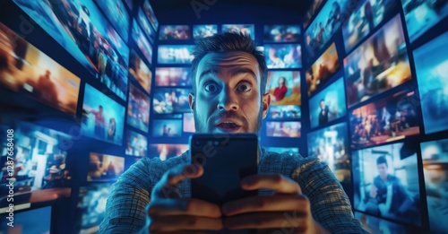 Close-up of an astonished man holding a smartphone, surrounded by numerous vibrant screens streaming diverse multimedia and entertainment content.
