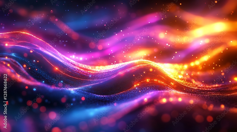 Abstract ripple patterns illuminated with radiant neon colors, smooth wave-like curves symbolizing data flow, glowing edges and vibrant nodes scattered across, Abstract ripple patterns illuminated with radiant neon colors, smooth wave-like curves symbolizing data flow, glowing edges and vibrant nodes scattered across,